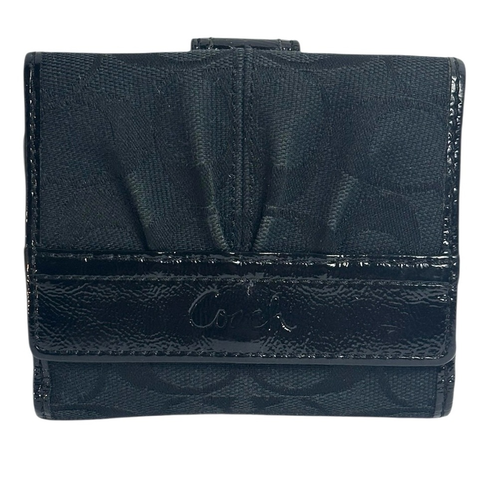 Coach Signature Black Patent Leather & Fabric‎ Compact Wallet